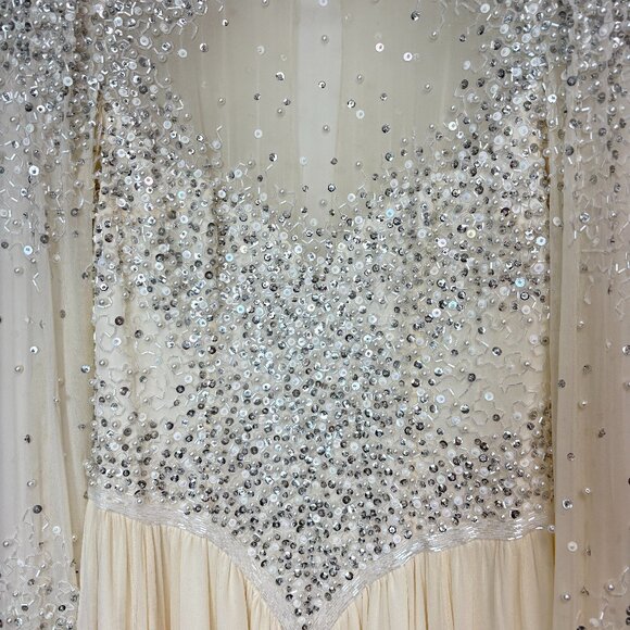 Women’s Vintage-Inspired Off-White/Cream Embellished Silk Dress W/Lettuce Hem - Picture 3 of 16